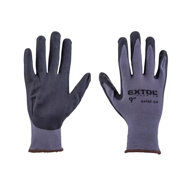EXTOL PREMIUM Kötött kesztyű nylon-Spandex, varrat nélküli, méret: 9' nitrilbe mártott teny. és ujjhegy, gumírozott mandzsetta Expressz szállítás